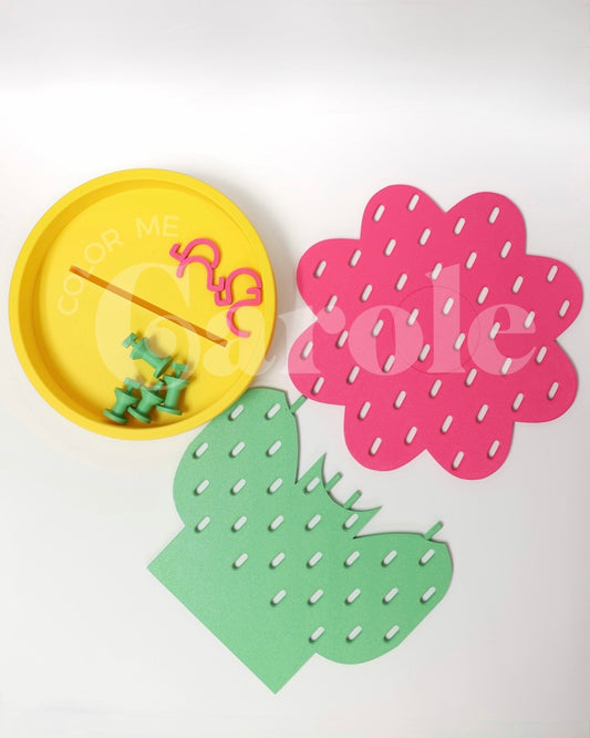Colorful cactus-shaped and flower-shaped skadis pegboard
